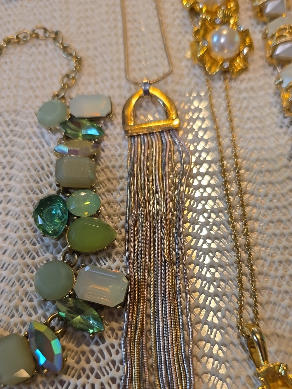 Gold Tassel Pendant Necklace with Green Gem Accents